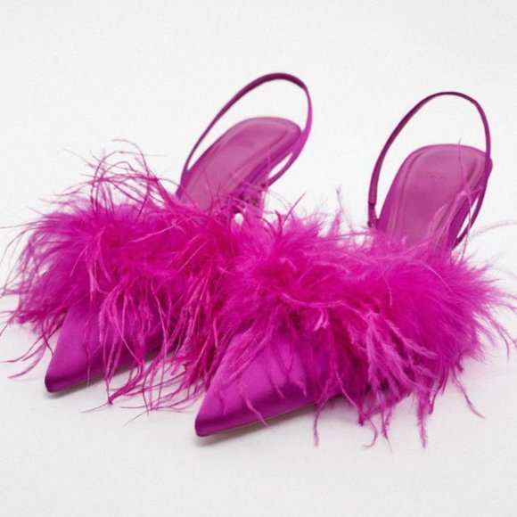 Zara Feather Detail Slingback Heels Fuchsia NWT - Picture 3 of 17